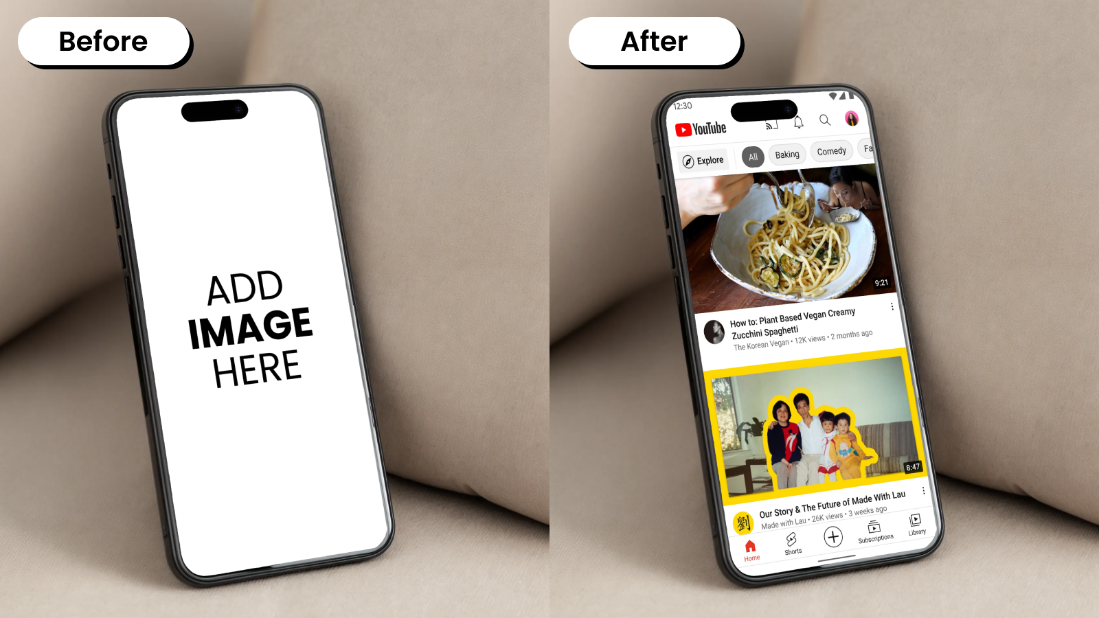 Before and after image of an iPhone mockup placed against beige cushions